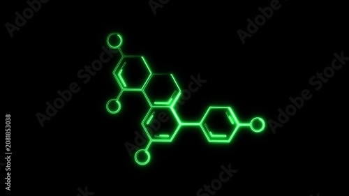 Animated neon green chemical molecule structure glowing on a black background, ideal for laboratory science research, biotechnology concepts, chemistry, and physics data.