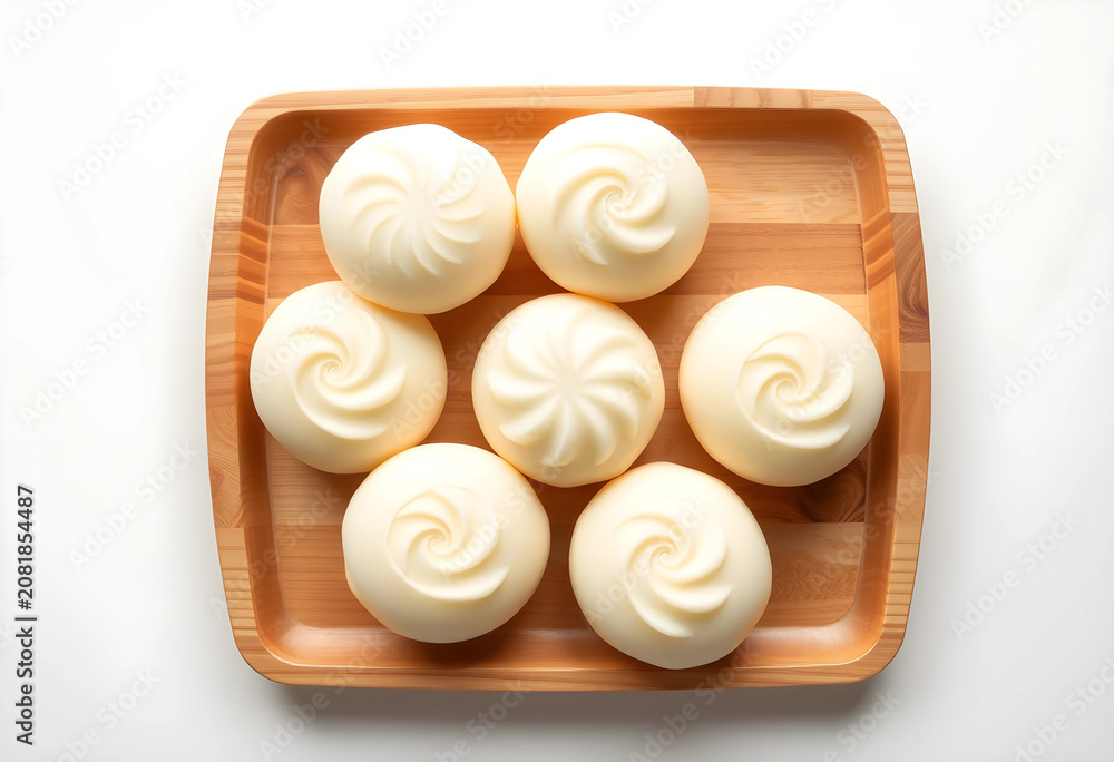 Fototapeta premium Top view of seven white mochi desserts on wooden tray