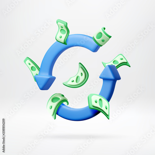 3d illustration of money flow with rotating blue arrows and green paper banknotes. Concept of financial circulation, cash turnover, investment return and profit growth in business.