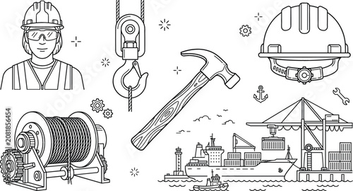 Bild auf Leinwand Industrial construction and cargo port shipping vector line art icon set featuring builder crane hook hammer winch ship