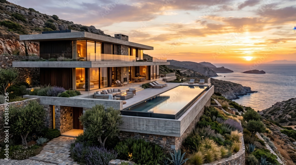 Fototapeta premium Coastal hillside house with infinity pool at sunset