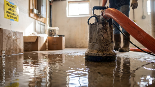 Pump draining flooded basement with dirty water covering floor in residential building. Workers use pump for draining flooded basement, managing water removal process to prevent further damage.