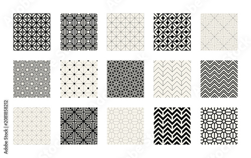 Vector seamless patterns set. Basic essential ornaments. Geometric backgrounds with thin linear and bold designs. Regular monochrome swatches. Basic versatile tileable grids.