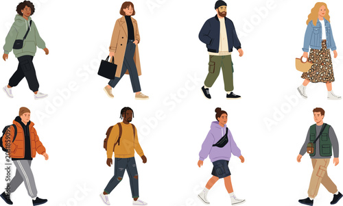 Casual Walking People Character Collection Vector Set with Diverse Modern Street Fashion Illustrations