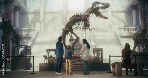 Natural History Museum Family Day Out: Mother, Father and Young Son Watch a Towering Dinosaur Skeleton Together, Learning About Prehistoric Fossils and Having Fun While Exploring the Exhibit Hall.