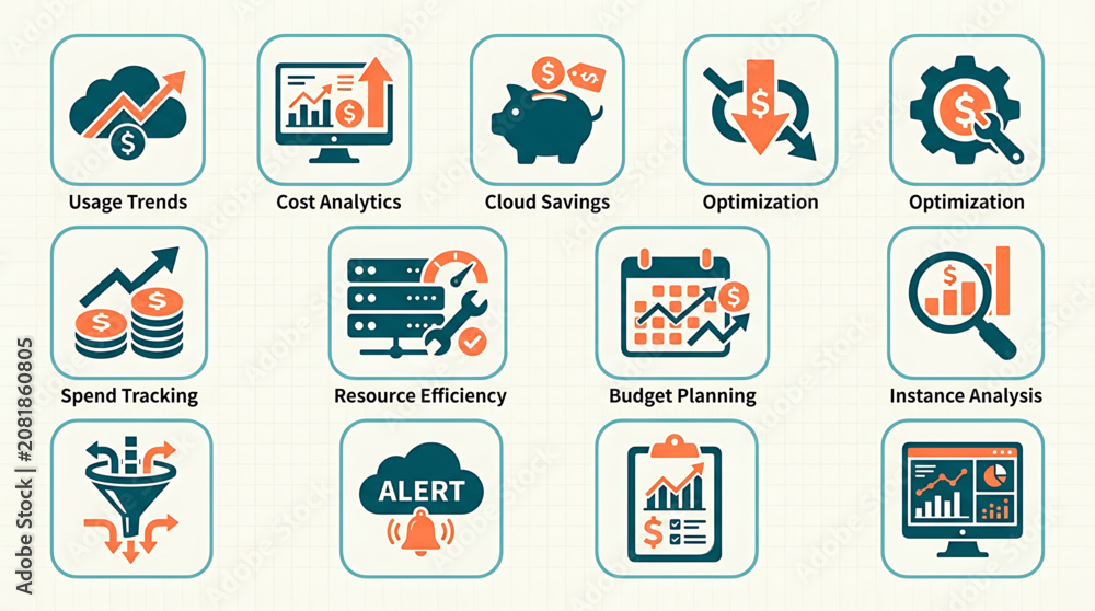 Fototapeta premium Business optimization icons illustrate cost analysis and budget planning tools