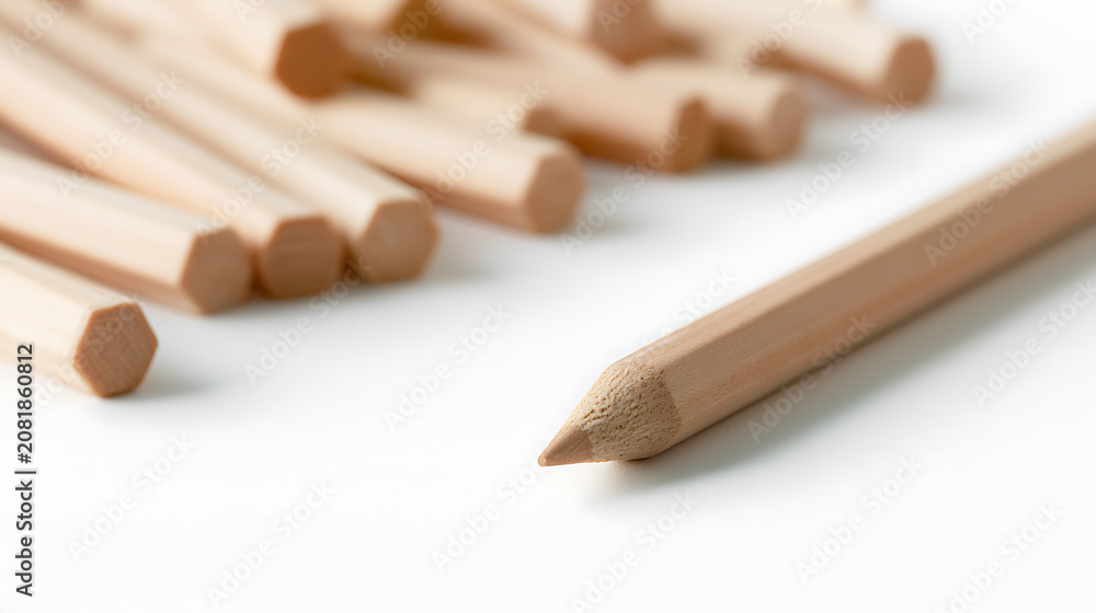 Obraz premium Natural Wood Pencil with Sharp Point Stand Apart from a Group of Unsharpened Writing Tools on a Clean White Background, Focus on Detail
