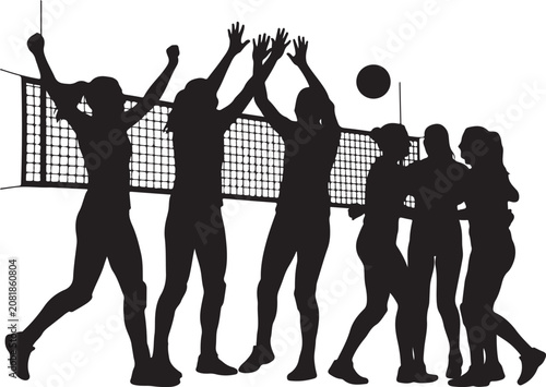Volleyball players, black silhouettes, jumping spikes, volleyball team, sport illustration, athletic people