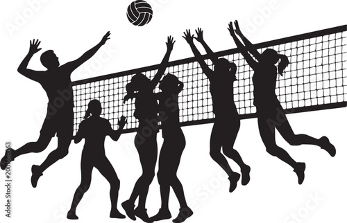 Volleyball players, black silhouettes, jumping, net, ball, sports icons, athletic team