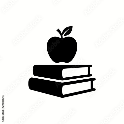 Apple on stack of books vector icon, minimalist black and white education and school symbol isolated on white background.