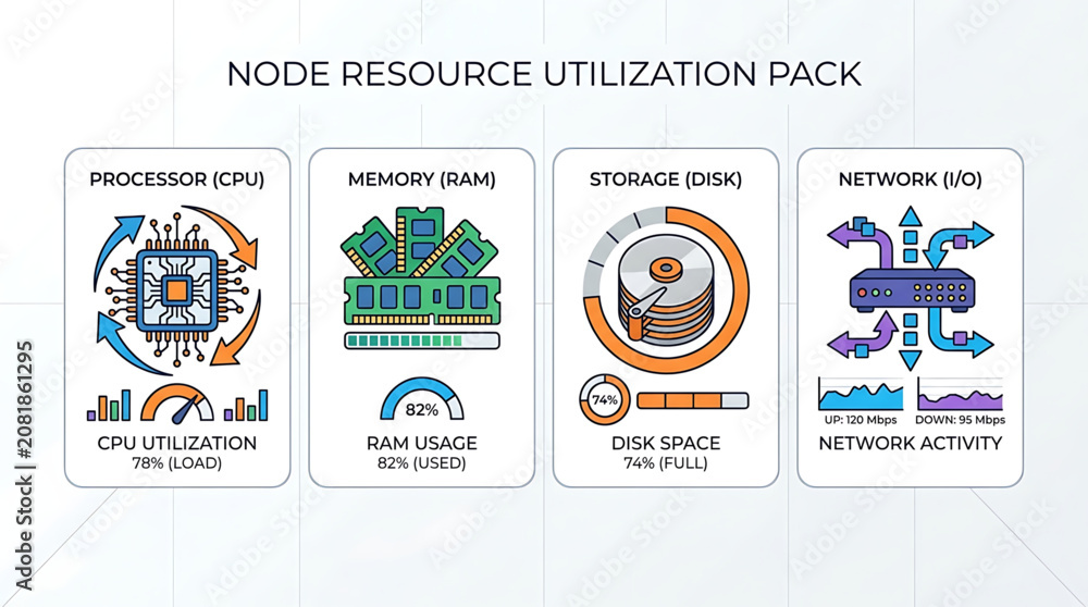 Naklejka premium The system displays a node resource utilization pack with CPU, memory, storage, and network activity icons