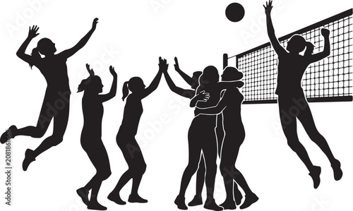 Volleyball team, black silhouettes, sports illustration, athletic players, volleyball action