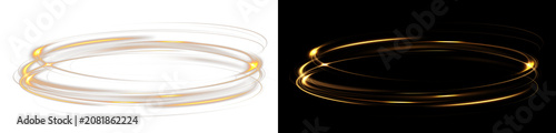 Golden glowing circular light trails isolated on transparent background