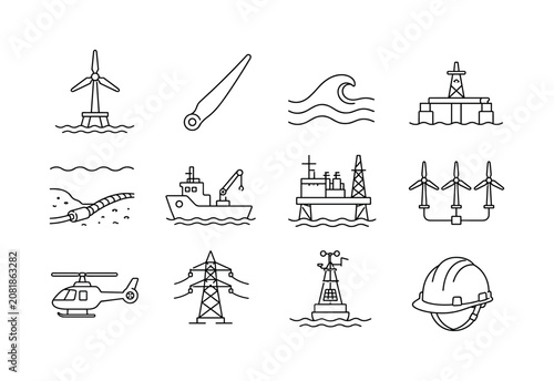 Offshore wind parks. Line outline icon set of Offshore wind parks: offshore wind turbine, turbine blade, sea waves, floating platform, seabed cable, maintenance boat, offshore substation, wind farm