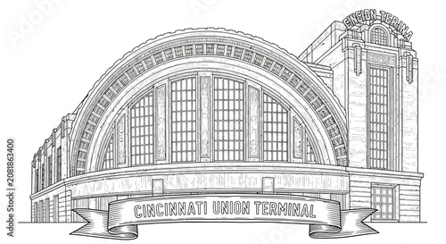 Art Deco Cincinnati Union Terminal Building Facade Outline Drawing