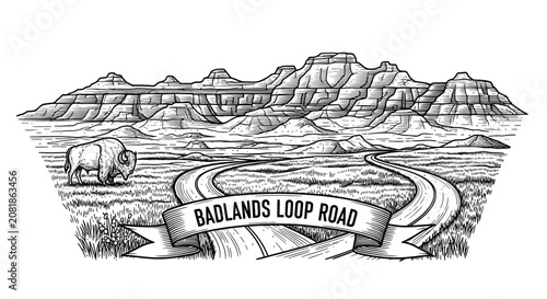 Badlands Loop Road Landscape with Bison Illustration