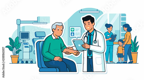 Doctor checks patient with tablet family waits with nurse