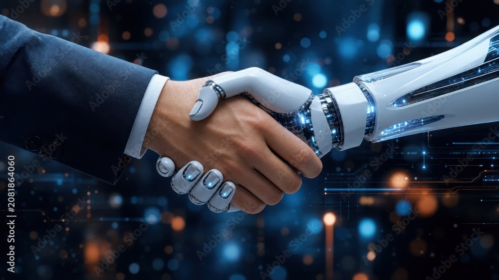 Fototapeta premium A human and a robot shake hands, symbolizing collaboration between people and artificial intelligence in a futuristic, digital environment.