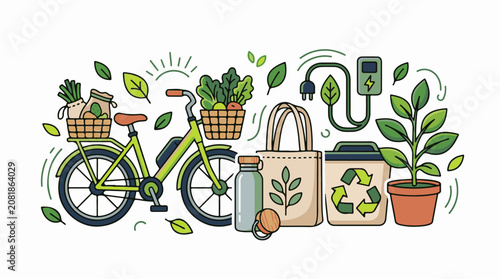 Eco-friendly lifestyle items including a bicycle reusable bags and plants