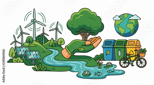 Eco-friendly landscape with renewable energy recycling and nature