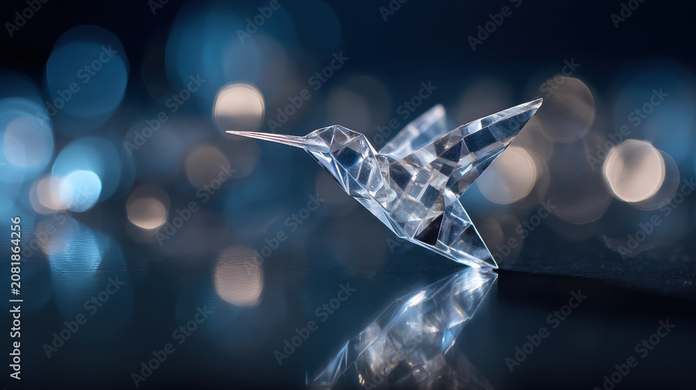 Fototapeta premium Exquisite faceted crystal hummingbird figurine captured mid flight reflecting beautiful blue light spots and glowing bokeh dots on a dark mirrored surface for luxury art and design decoration