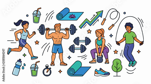 Energetic group of people exercising with weights skipping rope and running