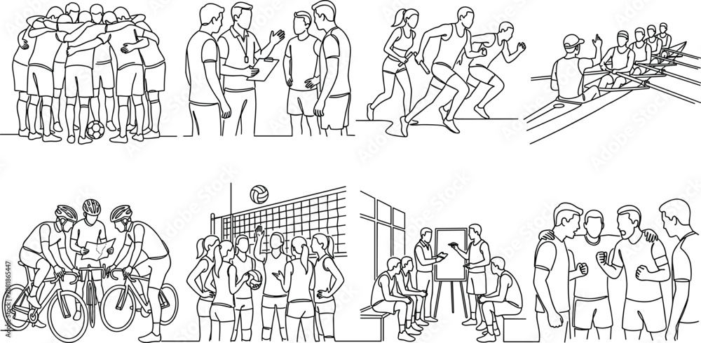 Obraz premium Team Sports Training Line Art Vector Bundle with Athlete Coaching and Competition Scenes