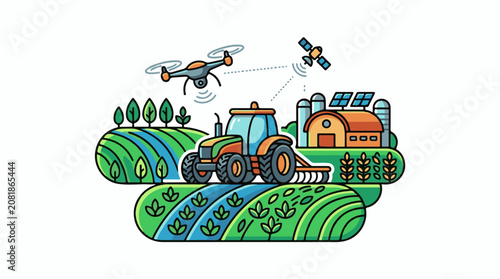 Modern farm with tractor drone satellite and solar powered barn