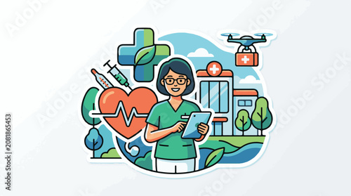 Nurse using tablet near medical symbols drone and hospital