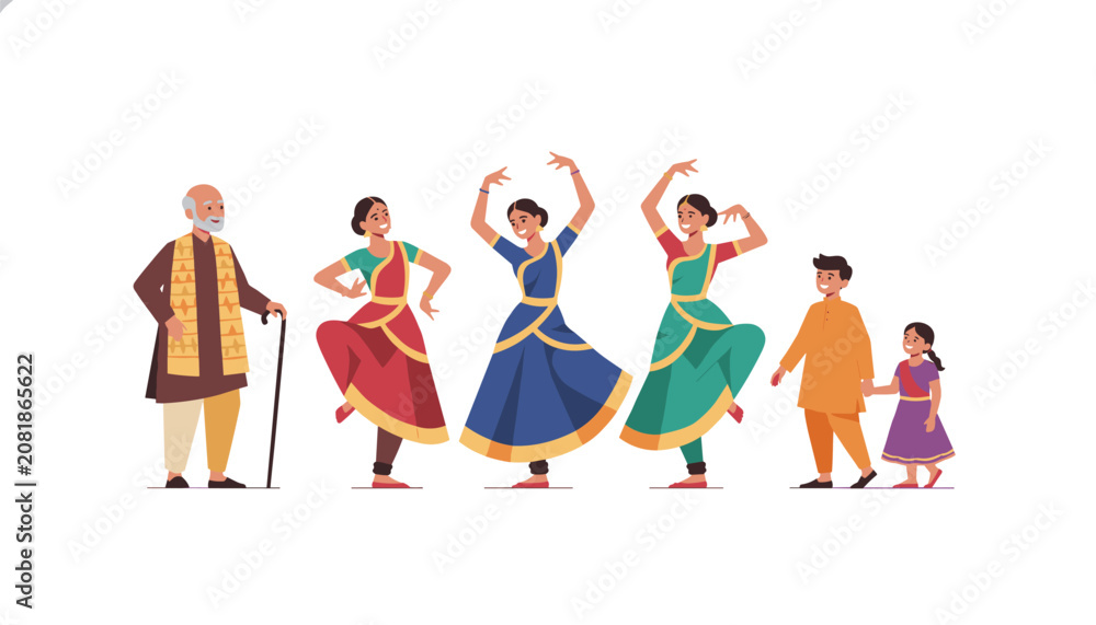 Fototapeta premium Classical Indian dancers performing a traditional dance next to family members wearing colorful ethnic clothing.