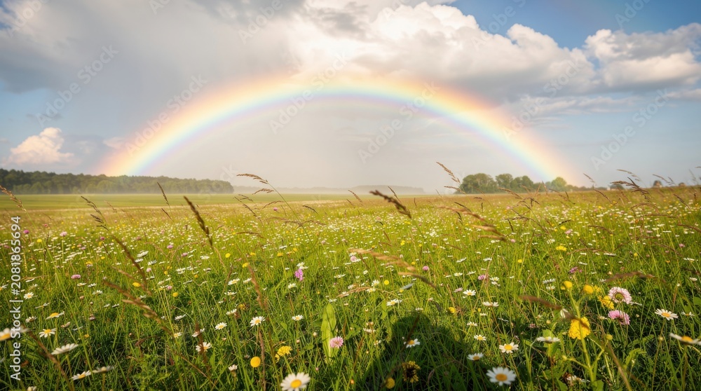 Naklejka premium A vibrant rainbow arches over a lush meadow filled with wildflowers under a bright sky with scattered clouds.