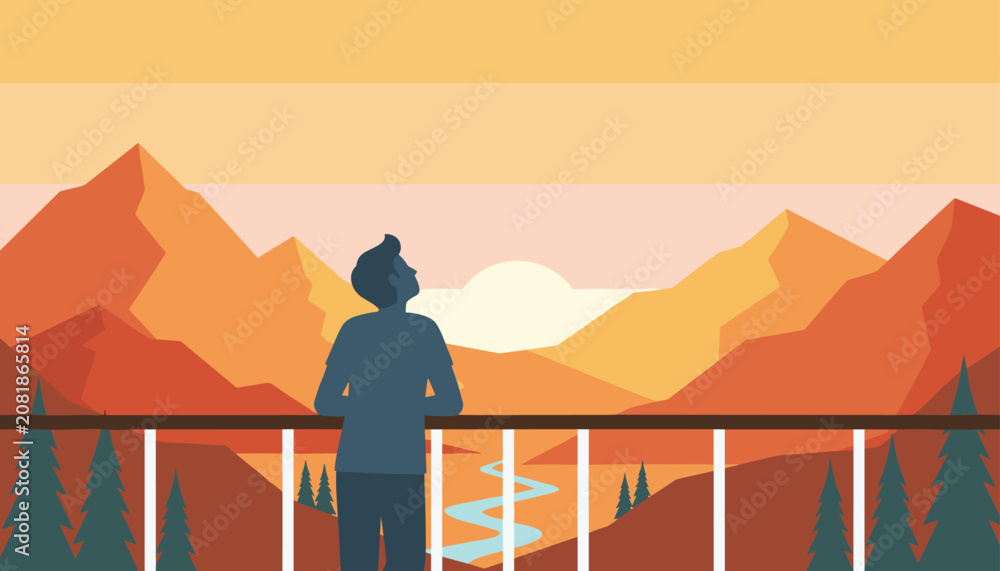 Fototapeta premium Silhouette of a man standing on a wooden balcony and enjoying the beautiful mountain sunset with a winding river.