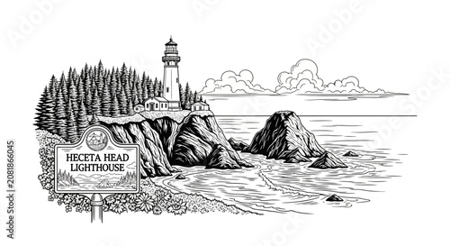 Heceta Head Lighthouse Coastal Landscape Illustration