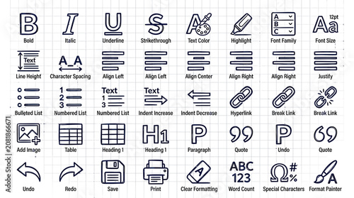 Photos Hand-Drawn Word Processing Icons Set on Graph Paper Background