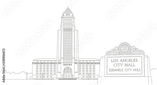 Los Angeles City Hall Building Line Art Sketch