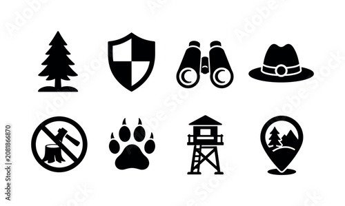 Forest Protection. Filled icon set of Forest Protection: evergreen tree, security shield, binoculars, ranger hat, no logging sign, wildlife paw, observation tower, nature reserve marker. Solid icons