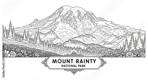 Mount Rainier National Park Line Drawing: Majestic Mountain Landscape with Evergreen Trees and Wildflowers