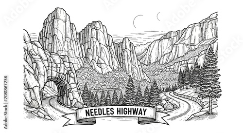 Needles Highway Tunnel Entrance Vintage Sketch