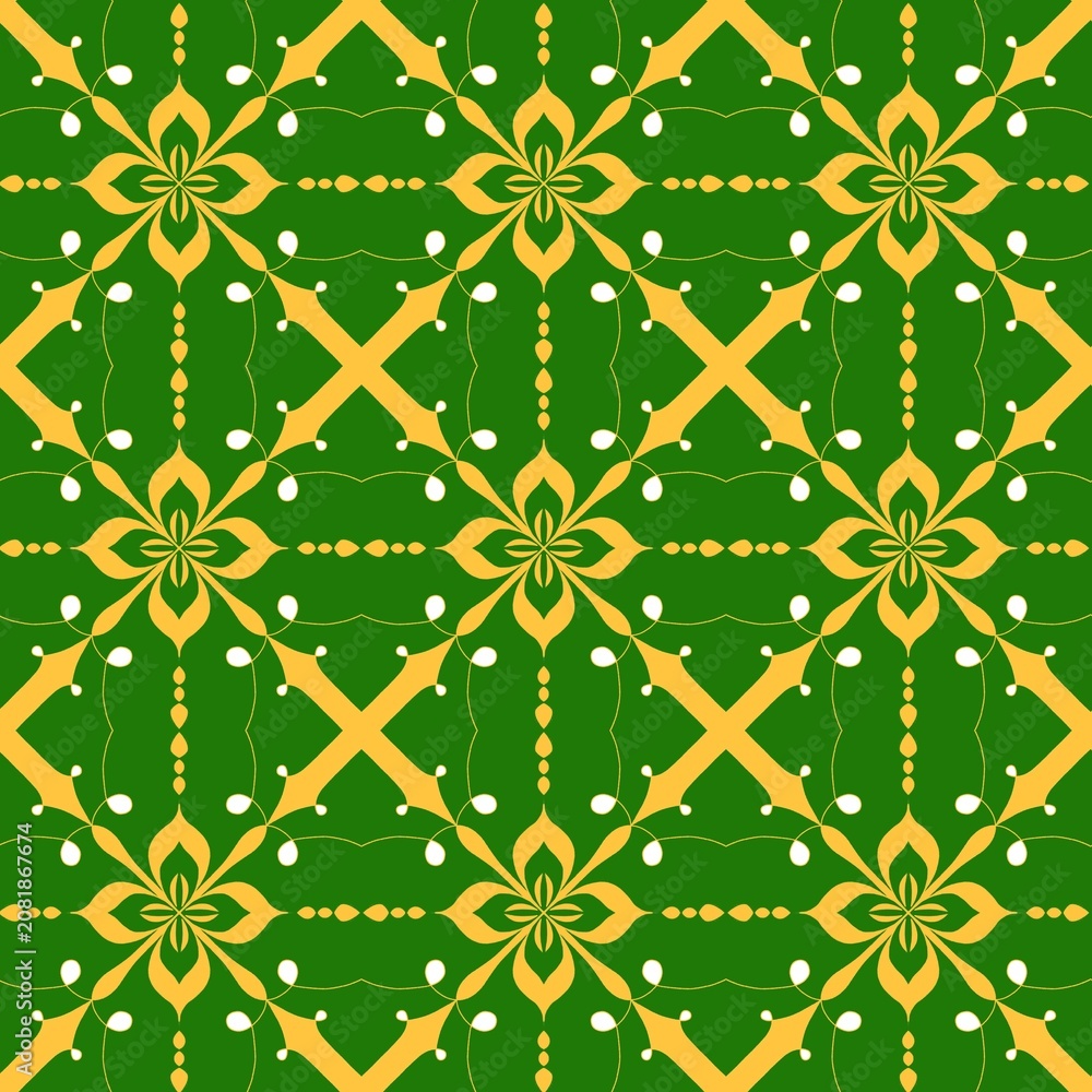 Fototapeta premium Seamless Floral Pattern Featuring Elegant Gold Ornamentation Against a Vibrant Green Background