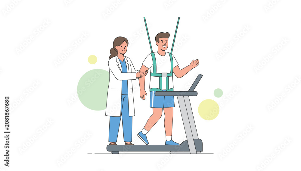 Fototapeta premium Female doctor helping a young male patient with physical rehabilitation using a support harness on a treadmill.