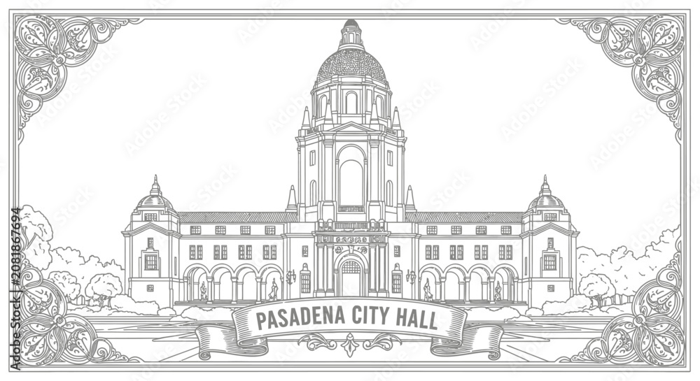 Obraz premium Pasadena City Hall Line Art Illustration - Historic Building Drawing