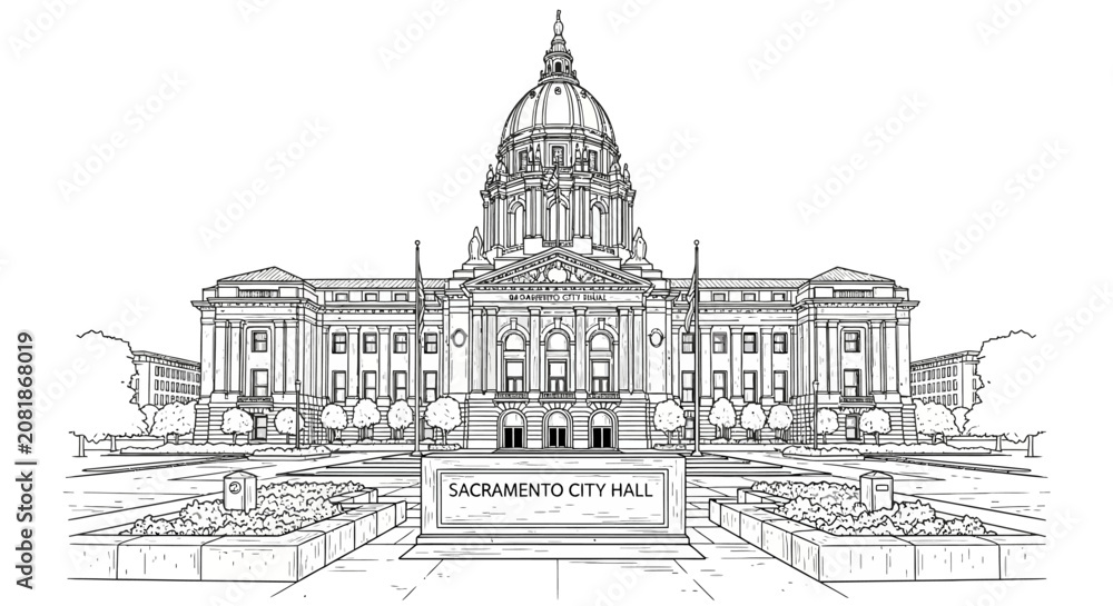 Obraz premium Sacramento City Hall Architectural Sketch - Government Building Landmark