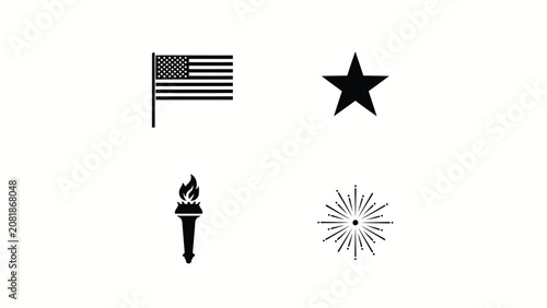 Foto Minimalist patriotic symbols set featuring flag star torch and fireworks for pat