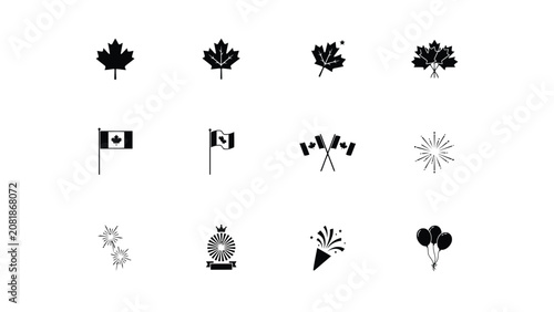 Foto Celebration themed flat design icons featuring maple leaves flags fireworks
