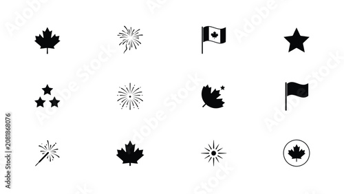 Schilderij op canvas Minimalist patriotic celebration icons featuring maple leaf stars fireworks and