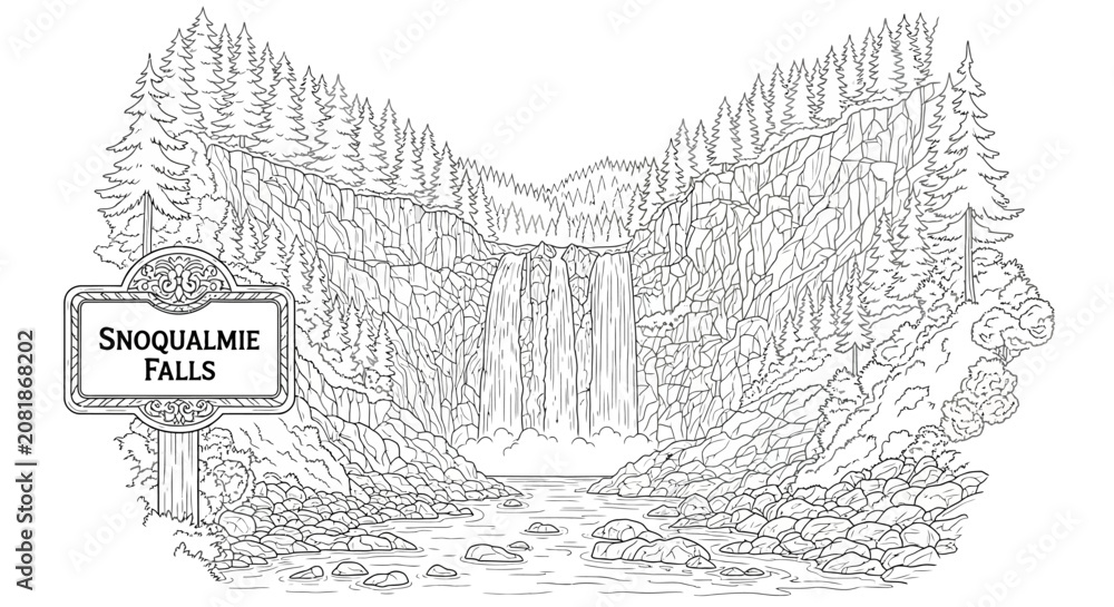 Fototapeta premium Snoqualmie Falls Black and White Line Art Illustration with Forest and River