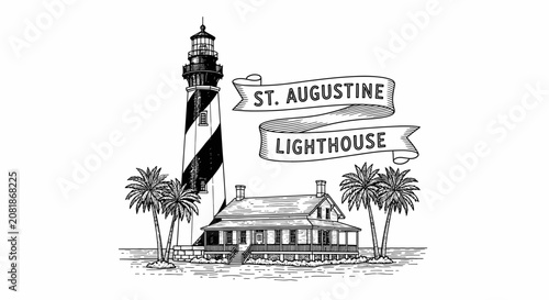 St. Augustine Lighthouse Hand Drawn Sketch with Palm Trees and Building