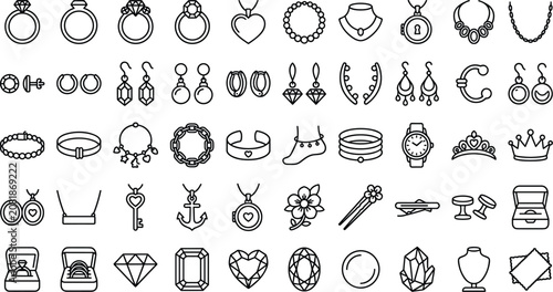 Luxury jewelry and accessories outline line icon set collection