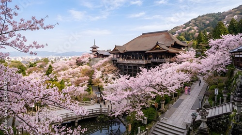 Cherry blossom season in Kyoto, Japan, ancient temple surrounded by pink sakura trees, peaceful spring landscape, ultra detailed