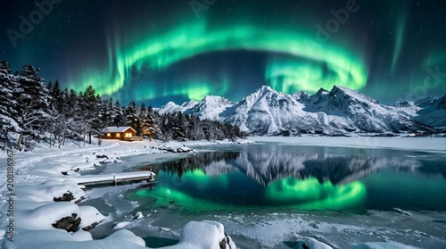 Northern Lights dancing above snowy mountains in Norway, vibrant green aurora reflected in a frozen lake, magical winter scenery